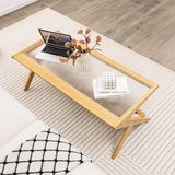 Mesa de centro de bambú tejido a mano en forma de Z con tapa de cristal templado - Natural