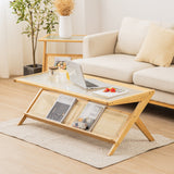 Mesa de centro de bambú tejido a mano en forma de Z con tapa de cristal templado - Natural
