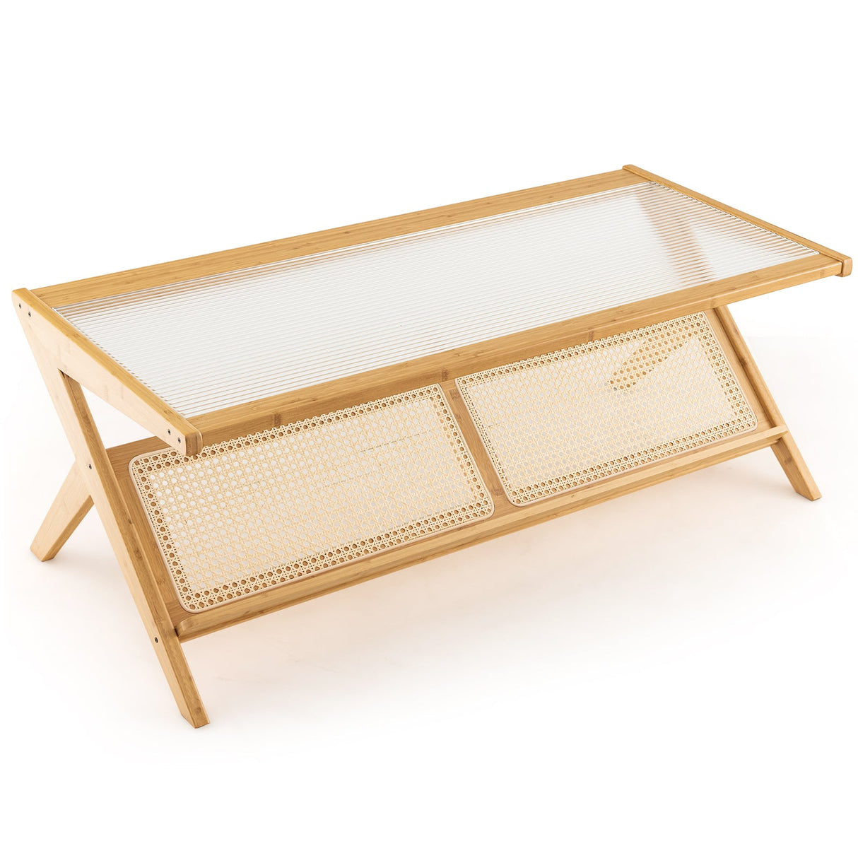 Mesa de centro de bambú tejido a mano en forma de Z con tapa de cristal templado - Natural