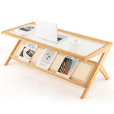 Mesa de centro de bambú tejido a mano en forma de Z con tapa de cristal templado - Natural