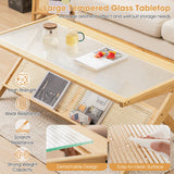 Mesa de centro de bambú tejido a mano en forma de Z con tapa de cristal templado - Natural