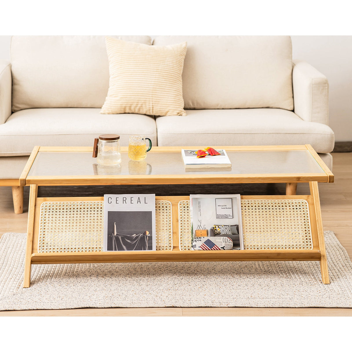 Mesa de centro de bambú tejido a mano en forma de Z con tapa de cristal templado - Natural