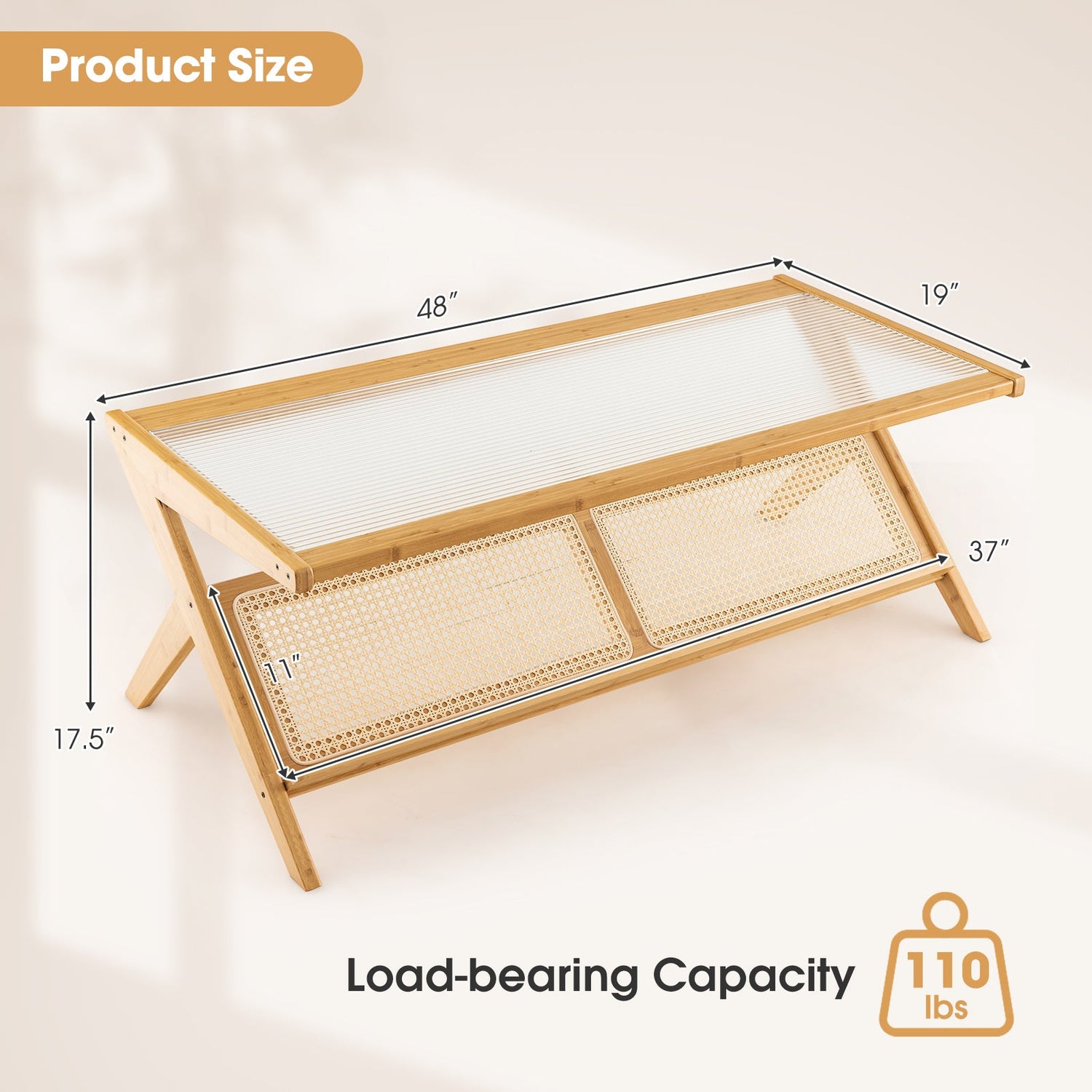 Mesa de centro de bambú tejido a mano en forma de Z con tapa de cristal templado - Natural