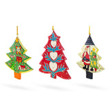 Set of 3 Colorful Holiday Trees with Santa and Hearts Wooden Christmas Ornaments